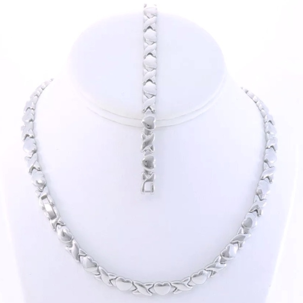 Vintage XOXO Hugs & Kisses Hearts Necklace & Bracelet, Stainless Steel
